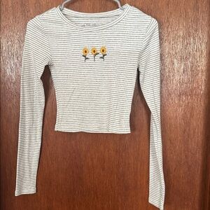 Striped Gray Crop Top with Sunflower Embroidery